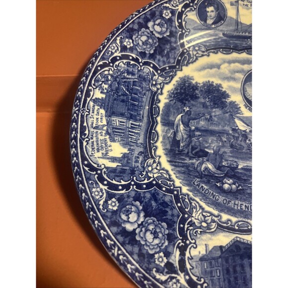 Staffordshire England Flow Blue Plate Landing Hendrick Hudson No 5 Ye Olde - Picture 3 of 7